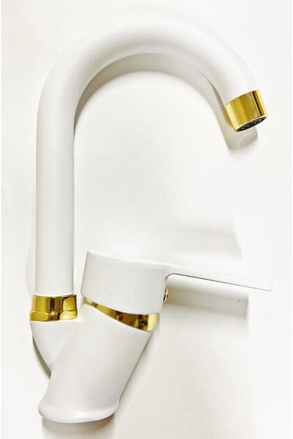 Beyaz Gold Banyo Lavabo Musluğu Bataryası Çeşmesi Baston Borulu