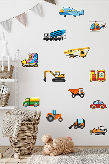 Minik Iş Makineleri Ve Taşıtlar Çocuk Odası Duvar Sticker Seti Duvar Süsü