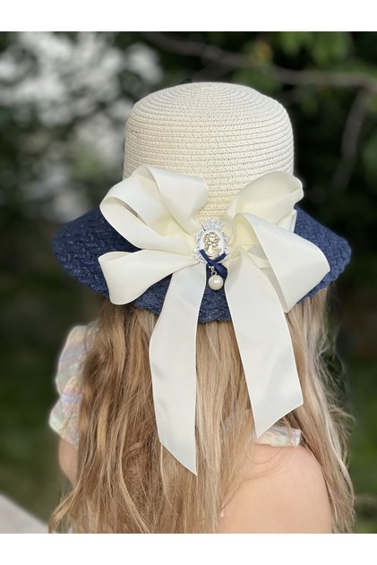 Luxury Pearl Brooch Butterfly Bow Fancy Navy Blue Cream Straw Hat Girl's Hat