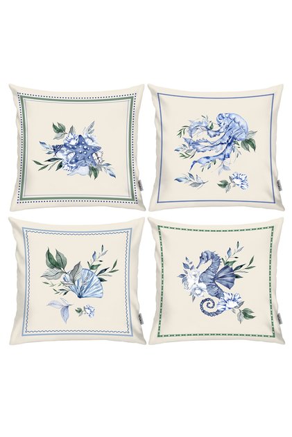 Marine, the Sea. Summer, Scandinavian, Bohemian, Modern Double Side Printed 4-Piece Throw Pillow Cover Cream, Blue