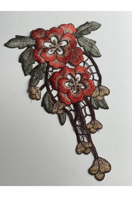 26x16 Cm Kiremit Gül Yapraklı Nakışlı Aplike Yama Dikiş Güpür Nakış