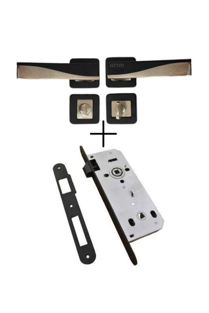 Sofuoğlu Derya Square Rosette Matte Black (Bathroom WC) Door Handle & Black WC Type Door Lock