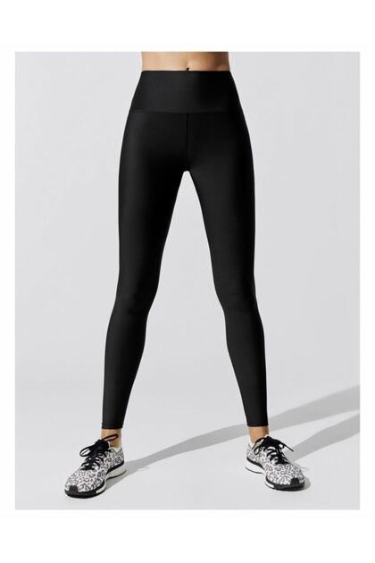 Women's Black High Waist Belted Gathering Shiny Disco Leggings