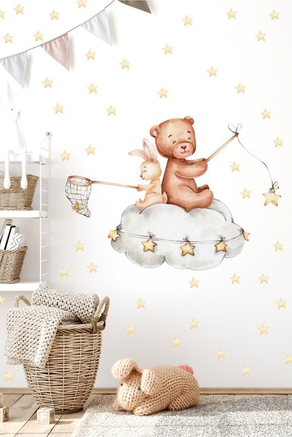 Plush Teddy Bear Holding a Star and Cute Rabbit Sleeping Dream Children's Room Wall Sticker Wall Decoration