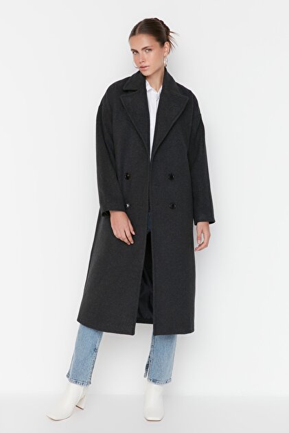 Trendyolmilla Antrasit Oversize Geniş Kesim Uzun Yünlü Kaşe Kaban