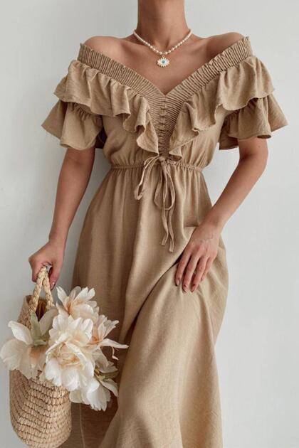 Rochie camel pentru femei, cu guler elastic, cu volane și detalii "Gipeli " 2690