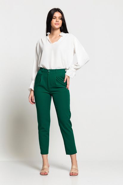 Luppio Kadın Yeşil Yüksek Bel Düğmeli Rahat Kesim Pantolon - 2