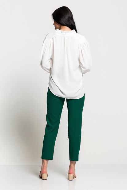 Luppio Kadın Yeşil Yüksek Bel Düğmeli Rahat Kesim Pantolon - 3