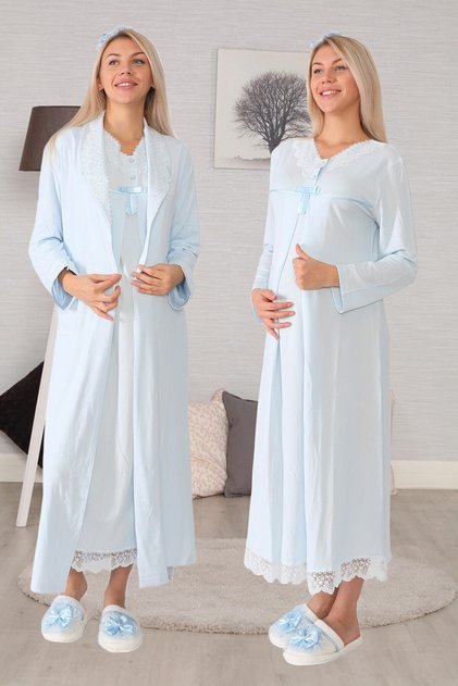 Women's Blue Maternity Nightgown Set with Hidden Nursing Feature 6035 Dressing Gowns