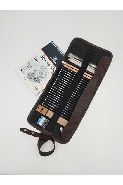 32 Piece Roll Pen Holder Sketching Set and A5 Notebook