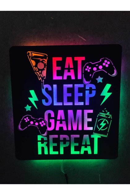 Gamer Led Işıklı Ahşap Tablo -eat Sleep Game Repeat(2 Metre Kablo