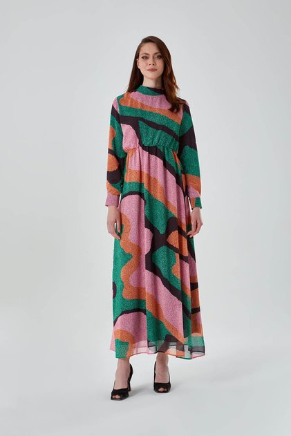 High Collar Printed Green Long Dress