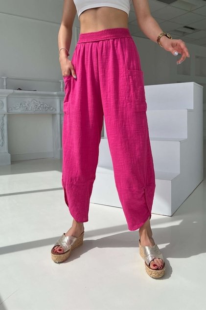 Women's Fuchsia Pink Linen Textured Lace Elastic Waist Trousers