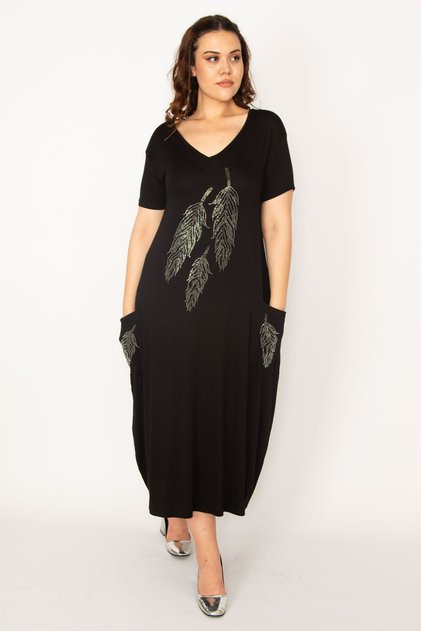 Women's Large Size Black Stone Detailed V-Neck Viscose Dress 65n33184