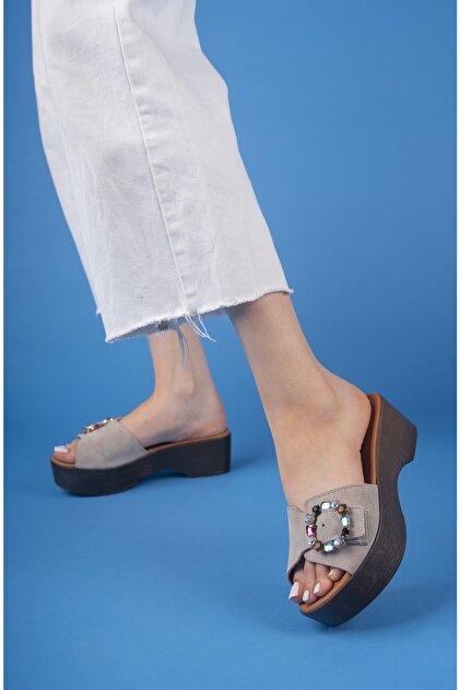 PASSAGE SHOES 6186 Kadın Süet Hakiki Deri Taşlı Takunya Terlik