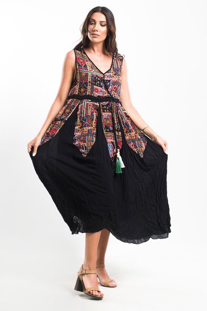 Authentic Voile Cotton Bohemian Double Breasted Collar Strap Patchwork Maxi Black Dress