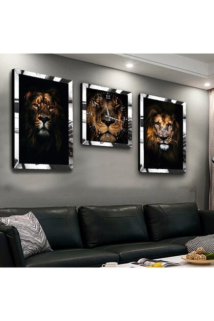 Silver Mirrored Plexiglass Framed King of the Jungle Lion Triple Mdf Painting Set and Clock Set