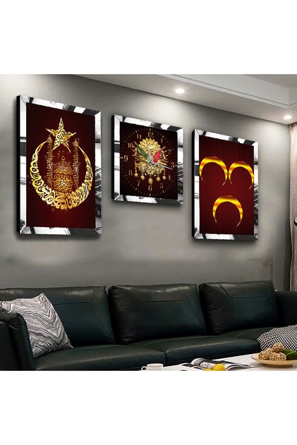 Gümüş Aynalı Pleksi Çerçeveli Osmanlı Tuğrası Ve Hilal Üçlü Mdf Tablo Seti Ve Saat Seti