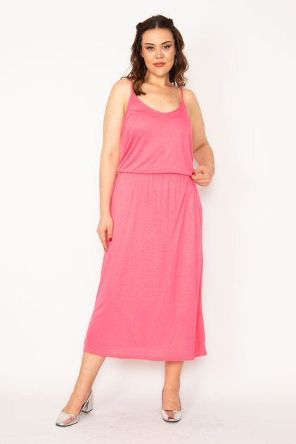 Women's Large Size Pink Elastic Waist Strap Viscose Dress 65n33359