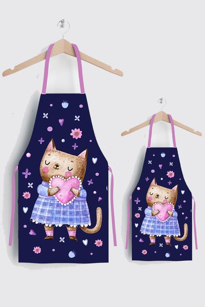 Ays Home Heart Cat Mother Child 2 Piece Kitchen Apron Set