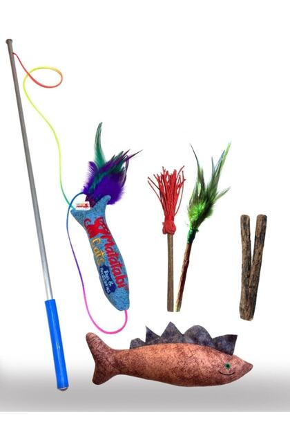 Premium Set Cat Fishing Rod, Chew Stick, Plush Cat Toy with Sound Set of 4