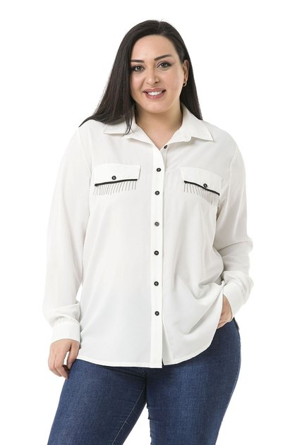 Plus Size White Shirt with Pockets and Chain Detail and Side Slits