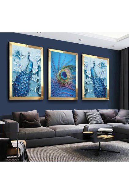 Blue Peacock Triple Mdf Table Set with Gold Mirrored Plexi Frame