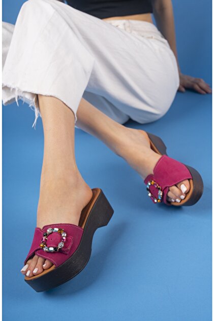 PASSAGE SHOES 6186 Kadın Süet Hakiki Deri Taşlı Takunya Terlik