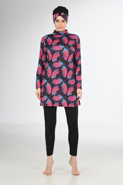 3201 Printed Pattern Judge Collar Hijab Swimsuit Black Pink