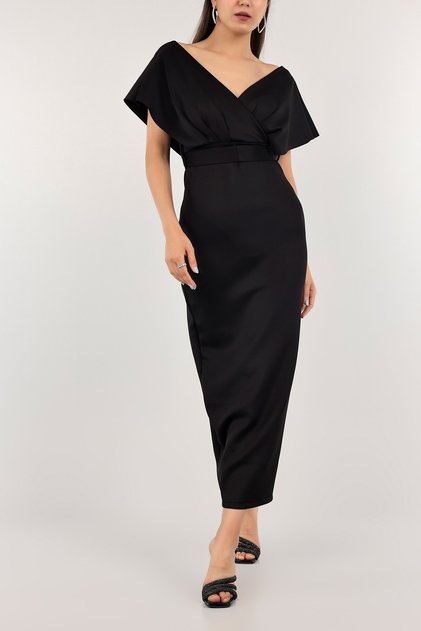 Black Scuba Fabric Self-Belt Detailed Double Breasted Neckline Long Evening Dress and Graduation Dress 581699 694