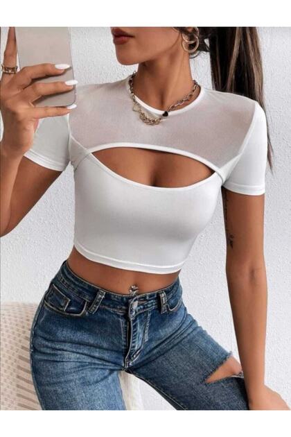 Göğüs Tül Detay Crop Top