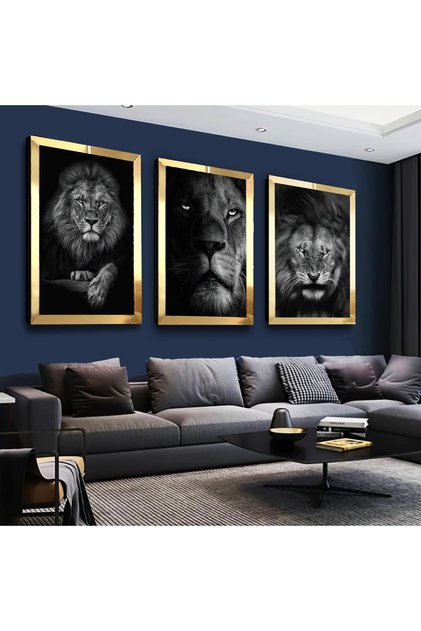 Gold Aynalı Pleksi Çerçeveli Ormanlar Kralı Aslan Üçlü Mdf Tablo Seti