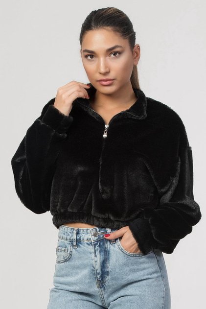 Önü Fermuar Detaylı Kürklü Kadın Sweatshirt - Siyah-siyah - M