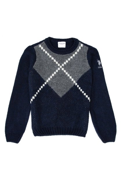 Rc-marlo-kids Crew Neck Standard Pattern Patterned Navy Blue Boy's Sweater