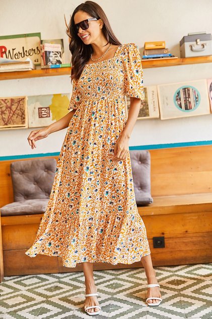 Women's Mustard-Black Elastic Casual Woven Viscose Dress ELB-19001483