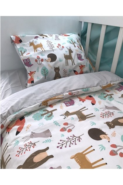 100% Cotton Kids 90x190 Montessori Pillow Sheet Quilt Set Nature Animal Pattern Gray