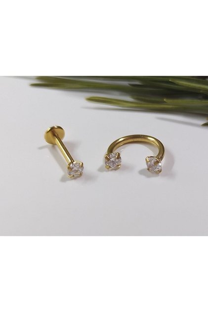Surgical Steel Zircon Stone Gold Piercing, Earring, Ear, Cartilage, Tragus, Helix (Set of 2)