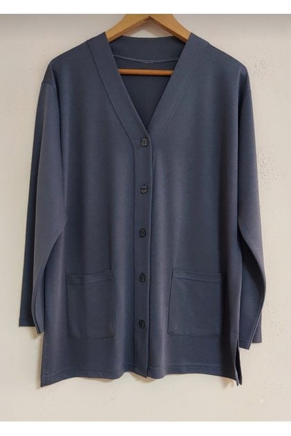 Women's Gray Pocket Short Mother Combed Cardigan - Women's Pocket Short Combed Gray Cardigan
