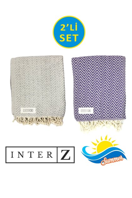 Set of 2 Peshtemal Beach Towels, 100% Cotton, Xxl 100x180cm, Marmaris, Gray Purple