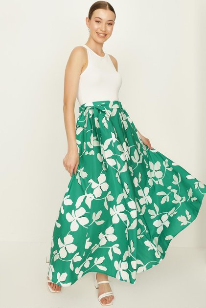 Women's Green Patterned Belted Flounce Long Skirt