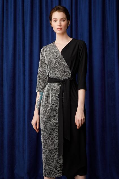 Modailgi Double-breasted Leopard Knitted Dress Black-Grey