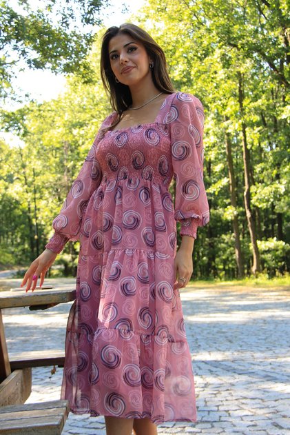 Women's Powder Elastic Square Collar Patterned Chiffon Dress Nb100361