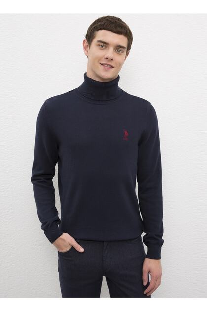 Turtleneck Plain Navy Blue Men's Sweater