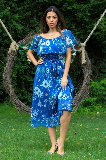Women's Indigo Tie Detailed Madonna Collar Chiffon Dress Nb100371