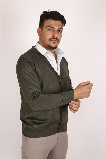 Men's Thin Wool Knitwear Knitted Dad Khaki Green Cardigan