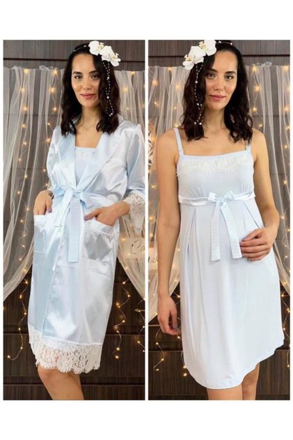 20525-20526 Blue Maternity Nightgown Dressing Gown Set