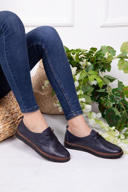 Genuine Leather Navy Blue Women's Leather Casual Shoes Dp06-4101