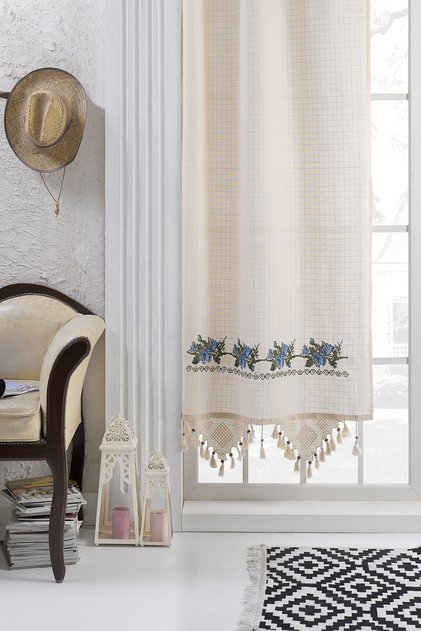 Buldan Work Canvas Curtain Blue Embroidery 160x220 Cm