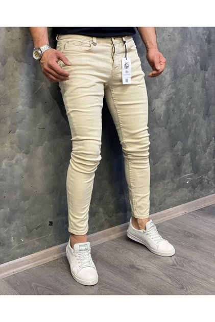Men's Cream Slim Fit Lycra Denim Trousers Jeans Ankle Mold