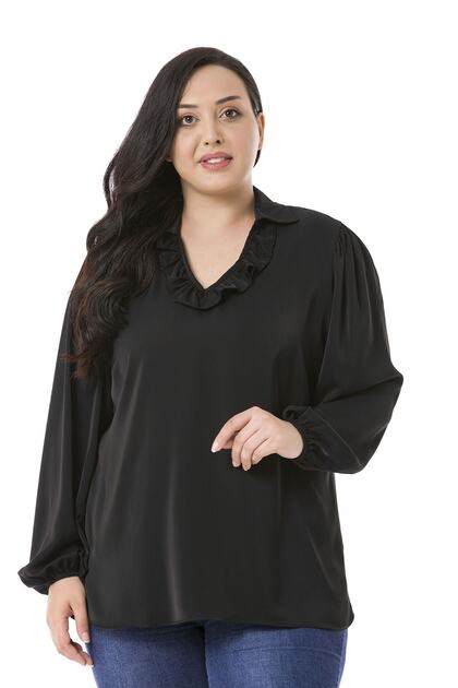 Plus Size Frilly Collar Shoulders Gathered Sleeve Buttoned Flowy Black Blouse